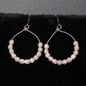 Small round aurora borealis rhinestone silver hoop earrings